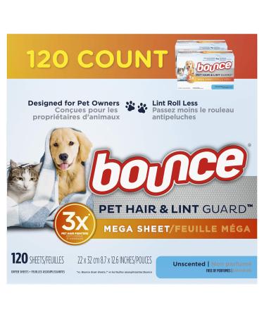 Bounce Pet Hair and Lint Guard Mega Dryer Sheets for Laundry, Fabric Softener with 3X Pet Hair Fighters, Unscented, Hypoallergenic, 120 Count Bounce Dryer Sheets