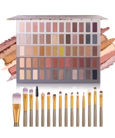 UCANBE Pro 60 Shades Eyeshadow Palette + 15 pcs Makeup Brushes Set High Pigmented Naked Nudes Shimmer Matte Metallic Smokey Eye Shadow Soft Synthetic Powder Cream Blending Brush Neutral Pallet Kit(Neutral Set)