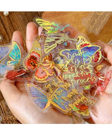 Aromoty Fairy Gold foil Holographic Stickers Set(120 pieces with 4 Themes)-Resin Transparent Waterproof Stickers Butterfly Flower Vintage letter Planner Stickers for Scrapbook Junk Bullet Journals Laptop Water bottles De...