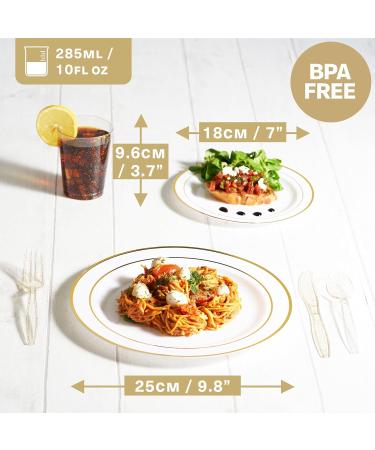 MATANA 150-piece Party Tableware Set in White and Gold for 25 Guests - 25 Plastic Plates 25 Dessert Plates 25 Spoons 25 Forks 25 Knives and 25 Party Cups - Buy Online on GoSupps.com
