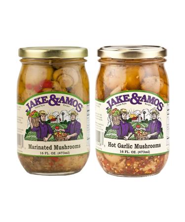 Jake & Amos Pickled Mushroom Variety Pack 16 oz. Marinated, Hot Garlic (1 Jar of Each)