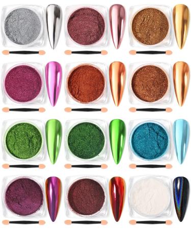 Chameleon Nail Chrome Powder Set - 12 Colors (Rose Gold, Purple) | High Gloss Reflective Effect Glitter Metallic Pigment | Includes 12 Eye Shadow Brushes - Buy Online on GoSupps.com
