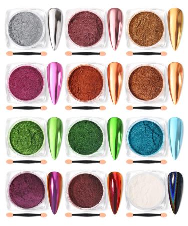12 Jar Pearl Powder Nail Chrome Set - Rose Gold Purple Holographic Glitter & 8 Eyeshadow Brushes | Reflective Mirror Effect - Buy Online on GoSupps.com