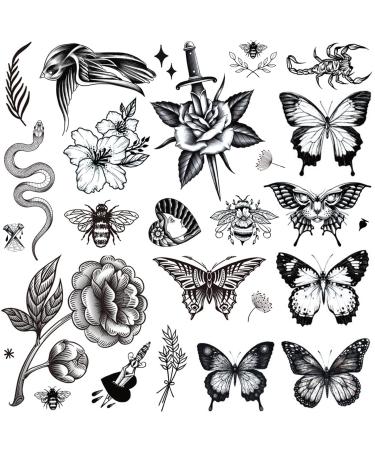 Tazimi 8 Sheets Large Black Tattoos for Women Girls Butterfly Snake Bee Swallow Flowers Scorpion Fake Tattoos Realistic Adult Classic Tattoos for Friends Night Party Favor Theme Decoration and Tattoo Art Gift