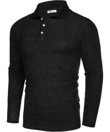 Coofandy Men's Long Sleeve Muscle Stretch T-shirt Slim Fit Polo Shirt - Black - Buy Online on GoSupps.com