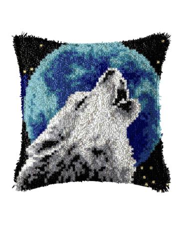 LAPATAIN Latch Hook Kits for DIY Throw Pillow Cover Needlework Cushion Cover Hand Craft Crochet for Great Family 17X17inch Wolf(Moon)