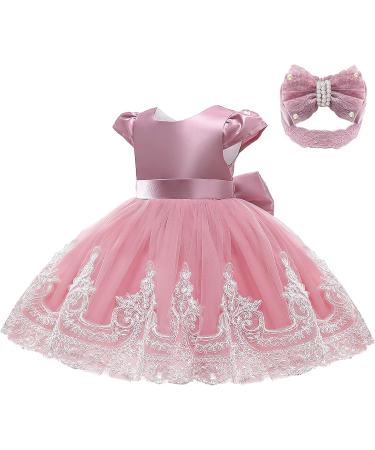 Baby Girls Lace Backless Tulle Princess Dress with Bowknot Headwear - 6-12 Months (Bean Pink) - Buy Online on GoSupps.com