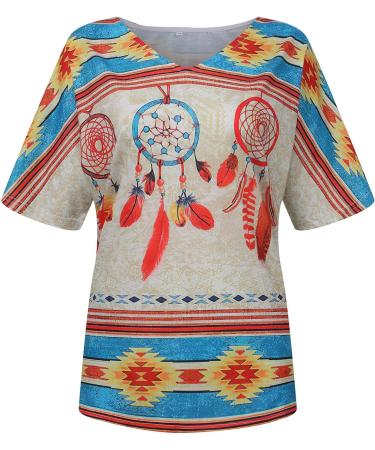 Women's Yellow Tribal Print V-Neck T-Shirt, XL - Dream Catcher Feather Design | Summer Casual Top - Buy Online on GoSupps.com