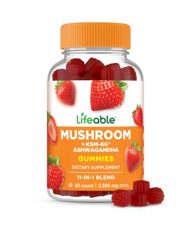 Lifeable Mushroom Gummies for Adults | 10 Mushroom Complex Blend with Ashwagandha KSM-66 | Vegan Kosher Non-GMO Mushroom Supplement Extract | Great Tasting Focus & Energy Support | 60 Gummies