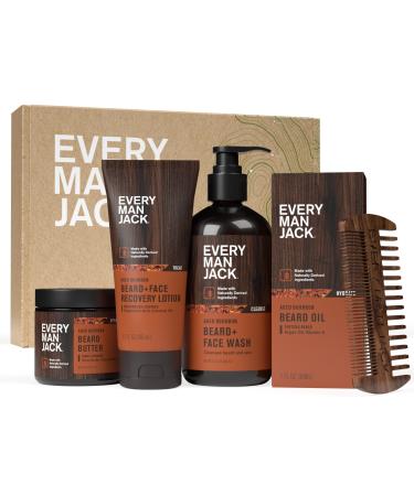Every Man Jack Mens Aged Bourbon Beard Set - Five Full-Sized Grooming Essentials For a Complete Routine - Beard + Face Wash Beard + Face Lotion Hydrating Beard Oil Beard Butter and Beard Comb