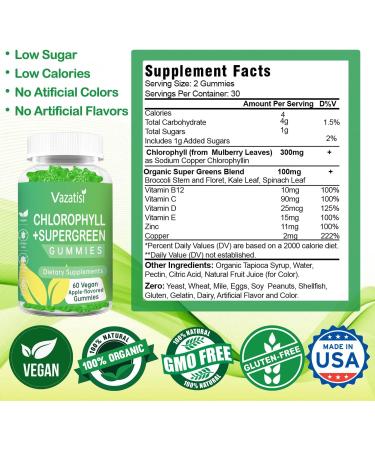 Organic Chlorophyll Gummies with Supergreens - Natural Antioxidant, Energy Boost, Immune Support - 2 Pack (120 Vegan Gummies) - Buy Online on GoSupps.com