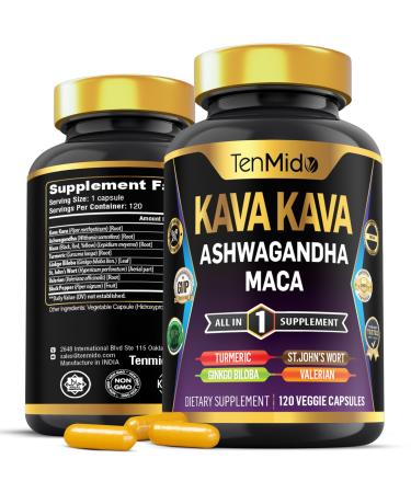 Tenmido Kava Kava Root Supplement - 8in1 Formula - Combine with Ashwagandha Maca Turmeric Ginkgo Biloba St. John's Wort Valerian & Black Pepper - 120 Vegan Capsules 4 Months Supply