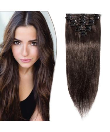 SEGO Clip in Hair Extensions Real Hair 8 Wefts Thin Extensions 100% Remy Human Hair Hairpiece Cheap Dark Brown#2-1 14"(35cm)-60g