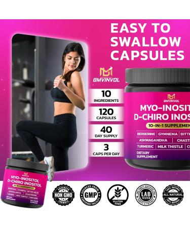 BMVINVOL Inositol Supplement - Myo-Inositol and D-Chiro Inositol Ideal 40:1 Ratio - Plus Berberine Cinnamon Ashwagandha + 5 More - 120 Capsules - Buy Online on GoSupps.com
