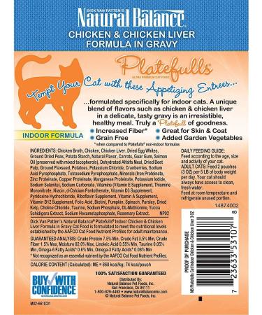 Natural Balance Platefulls Indoor Premium Adult Cat Food in Gravy - Grain-Free Protein Choices: Turkey, Salmon, Chicken, Mackerel, Duck - 3oz Pouches (Pack of 24) - Chicken & Chicken Liver Flavor - Buy Online on GoSupps.com