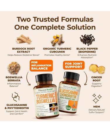 Joint Support Bundle 2-Pack Organic Turmeric Supplement with 95% Curcuminoids + 65% Boswellia Extract Ginger Root & Black Pepper (BioPerine) + Vegan Glucosamine Chondroitin MSM 60 + 90 Capsules - Buy Online on GoSupps.com