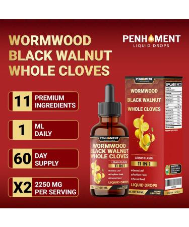 Penhoment 11in1 Wormwood Liquid Drops with Black Walnut Cloves, Vitamin C and D3 & 6 More - 2 FL OZ for 60 Days - Lemon Flavor - Buy Online on GoSupps.com