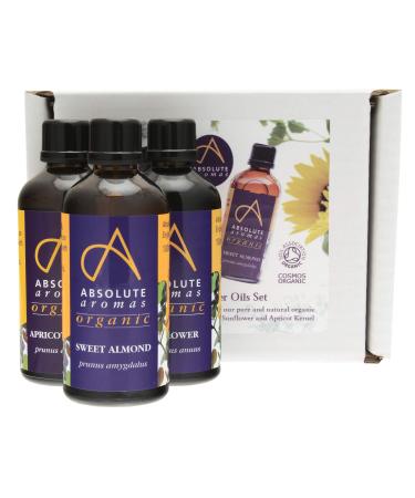 Absolute Aromas Organic Carrier Oils Set with Sweet Almond Sunflower and Apricot Kernel 3 x 100ml in Glass Bottles - Buy Online on GoSupps.com