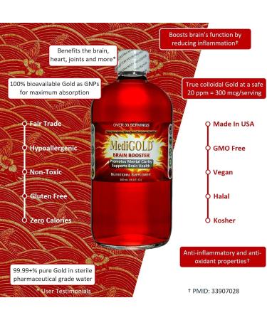 MediGOLD Brain Booster True Colloidal Gold AuNP Nutritional Supplement - 500 mL in Clear Glass Bottle - Buy Online on GoSupps.com