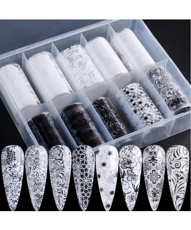 10 Rolls Lace Nail Art Foil Transfer Sticker Kit Black White Flower Foil Transfers Decals Nail Art Sticker Lace Flowers Nail Foil Transfer Stickers Sheets Foil Nail Wraps for Foil Nail Art