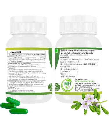  Morsan Healthcare Brahmi (Bacopa monnieri) Capsules | Pack of 60 x 500 mg Vegetarian Capsules | Natural Food Supplement | GMP Certified | Gluten-Free (120) - Buy Online on GoSupps.com