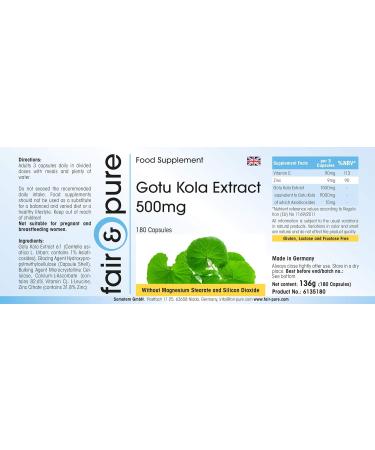 Fair & Pure Gotu Kola Capsules 500mg - Vegan - 180 Capsules - Zinc & Vitamin C - Pure Gotu Kola Extract - Buy Online on GoSupps.com