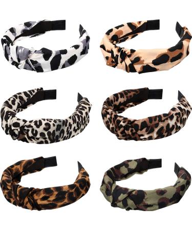 WILLBOND 6 Pieces Leopard Headbands Wide Knot Dot Hairbands Turban Headbands Soft Satin Hair Accessories for Women Girls (Classic Colors)