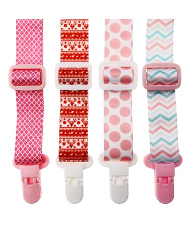 Leo Tube Pacifier Clip with Length Adjustable Belt- 4 Pack Pacifier Holder for Boys and Girls Fits for Most Pacifier Binkie Styles & Baby Teethers (Pink+Red)