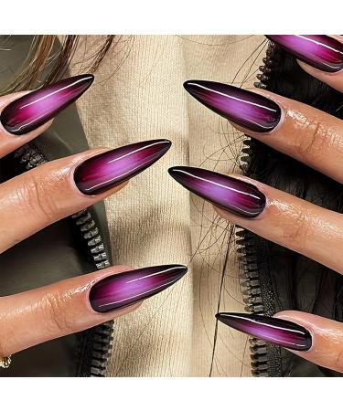 Black Pink Ombre Press on Nails Long Stiletto Fake Nails Glossy Glue on Nails Goth Acrylic Nails Purple Gradient False Nails with Designs y2k Blush Stick on Nails for Women Girls Daily Wear 24Pcs