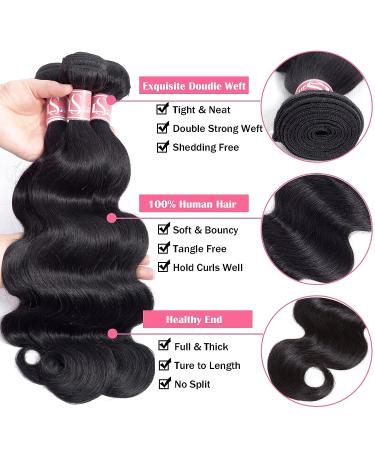 LS HAIR Body Wave Bundles with Closure - 100% Unprocessed Brazilian Virgin Human Hair - 14 16 18 with 12 Free Part Lace Closure - Natural Black 3 Bundles + 4X4 Closure - Buy Online on GoSupps.com