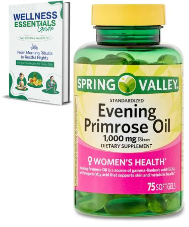 Evening Primrose Oil 1000mg 75 Count | Women's Health & Dry Skin Support | Dietary Supplement Softgels | Contains GLA | Non-GMO Gluten Free Dairy Free | Evening Primrose Oil by Spring Valley