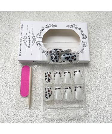 Leopard Press on Nails - Medium Square French Tips Glossy Acrylic Fake Nails (24PCS) | Reusable & Easy Glue On Manicure for Women & Girls - Buy Online on GoSupps.com
