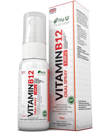 Vitamin B12 Spray 1 200 g 50ml - Vegan VIT B12 - Natural Apple and Blackcurrant Flavour - with CoQ10 Chromium and Green Tea Extract - Improved Absorption - Nu U Nutrition