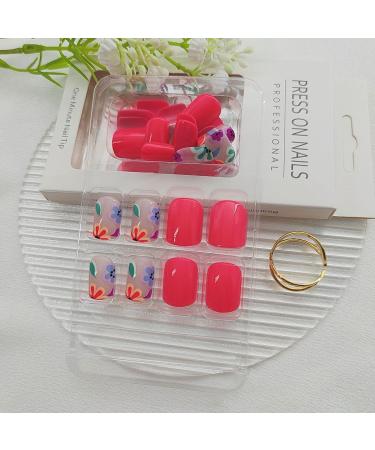 Square Press on Nails - Colorful Flower Designs | Short Glossy Glue on Acrylic Fake Nails for Women - 24 Pcs - Buy Online on GoSupps.com