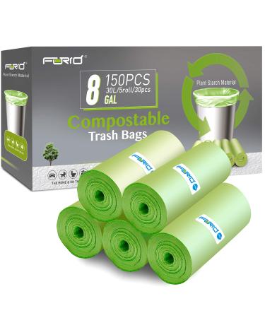 Compostable Trash Bags - FORID 8 Gallon Garbage Bags 150 Count Trash Can Liners 30 Liter Unscented Medium Wastebasket Bags for Kitchen Bathroom Home Office Garbage Can (5Rolls/Green) BEST SELLER: 8 Gallon - 150 Pack