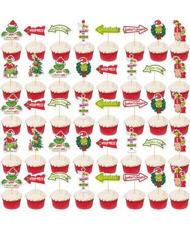 40pcs Christmas Cupcake Toppers Christmas Decorations Christmas Birthday Party Decorations The Christmas Party Supplies Christmas Whoville Decorations Christmas Decor Yellow Green