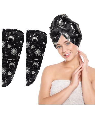 Beinou Microfiber Hair Towel 2 Pack Satin Hair Towel Wrap for Women Double-Sided Use Hair Turbans for Wet Hair Absorbent Hair Plopping Towel Curly Thick Long Hair Black