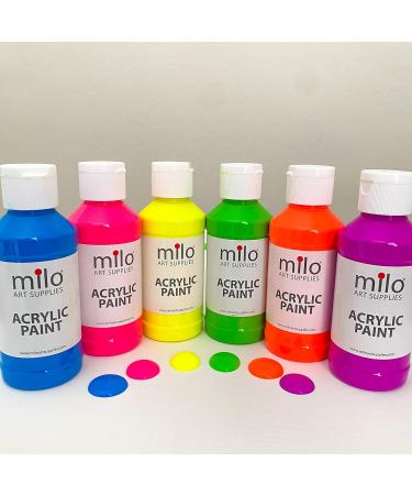 Milo Fluorescent Acrylic Paint Set - 6 Neon Colors | 4 oz Bottles | Made in the USA | Non-Toxic Craft Paint for Artists & Kids | UV Reactive | Glow in Black Light - Buy Online on GoSupps.com