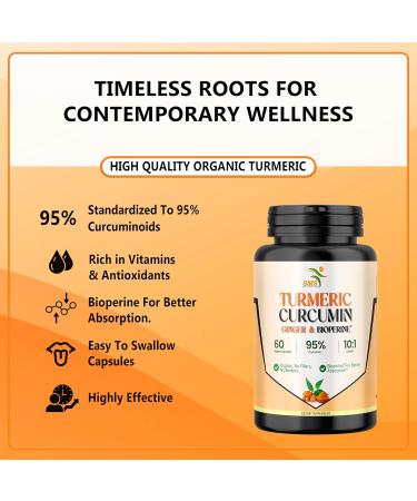 Turmeric Curcumin with Ginger BioPerine Black Pepper 95% Curcuminoids Natural Joint & Healthly Inflammatory Support Antioxidant Tumeric Supplement 60 Veggie Capsules Made in USA by SMS - Buy Online on GoSupps.com