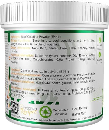 Beef Gelatine Powder 240 Bloom 100g - Unflavoured Halal Stabiliser & Gelling Agent - Instant, Gluten-Free, Non-GMO - Recyclable Pot - Pack of 1 - Buy Online on GoSupps.com
