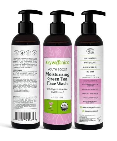 Sky Organics Youth Boost Green Tea Face Wash - 6 fl oz | Organic Aloe Vera & Vitamin E - Buy Online on GoSupps.com