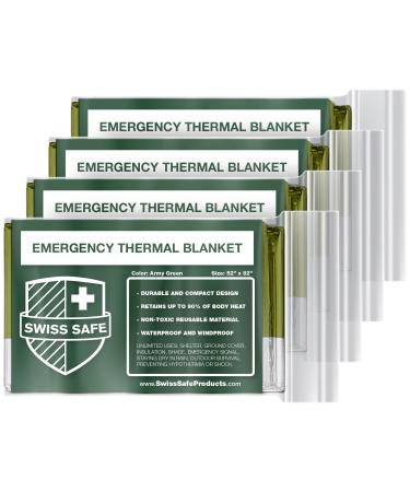 Swiss Safe Emergency Mylar Thermal Blankets + Bonus Gold Foil Space Blanket. Designed for NASA, Outdoors, Survival, First Aid, Army Green, 4 Pack