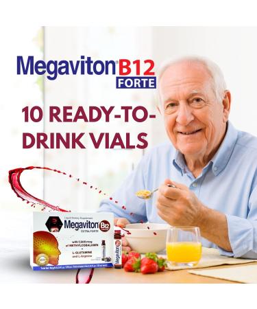 Megaviton B12 Extra Forte 7500 mcg Liquid | 10 Drinkable Vials 8.50 fl oz | Methylcobalamin + L-Glutamine & L-Arginine | Energy Focus Immune & Nervous System Support - Buy Online on GoSupps.com