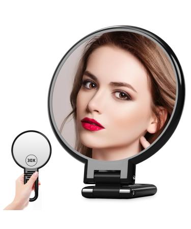 Auxmir Hand Mirror Makeup Mirror with Handle 1X/30X Double-Sided Magnifying Mirror with Stand 360 Adjustable Foldable Shaving Mirror 4.9In Portable compact Mirror for Home Travel Black