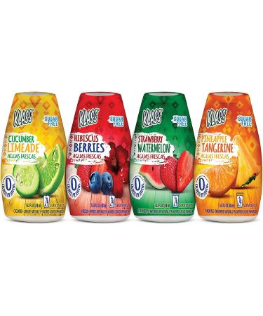 Klass Aguas Frescas Liquid Water Enhancer Sugar-Free Variety Pack, Cucumber Limeade, Strawberry Watermelon, Hibiscus Berries & Pineapple Tangerine, 1.62 Fl Oz, (Pack of 4 Makes 24 servings each)