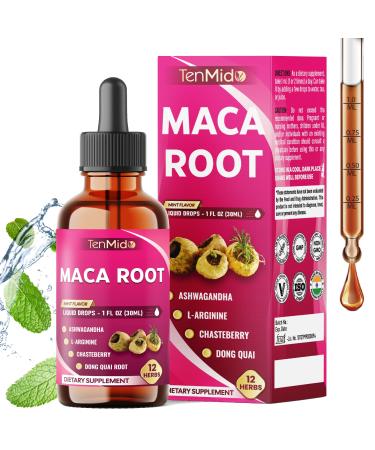 Tenmido 12in1 Maca Root Liquid Drops with Ashwagandha L-Arginine Chasteberry Dong Quai Black Cohosh Shatavari Red Raspberry Rhodiola Rosea Calendula and More - 30ml 1 Fl Oz