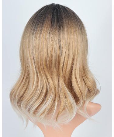 SYMEIW Ombre Blonde Bob Wig for Women - 14 Inch Synthetic Middle Part Party Cosplay Costume Wig with Brown Roots - Buy Online on GoSupps.com