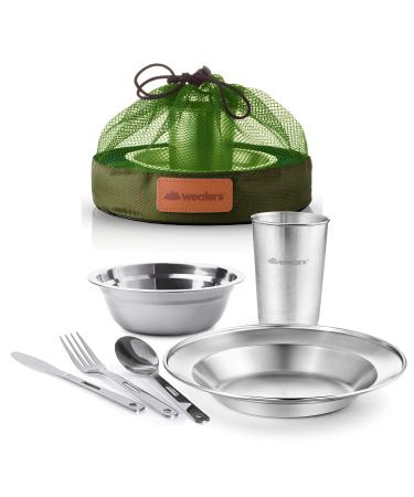 Unique Complete Messware Kit Polished Stainless Steel Dishes Set| Tableware| Dinnerware| Camping| Includes - Cups | Plates| Bowls| Cutlery| Comes in Mesh Bags Single Person Set Green