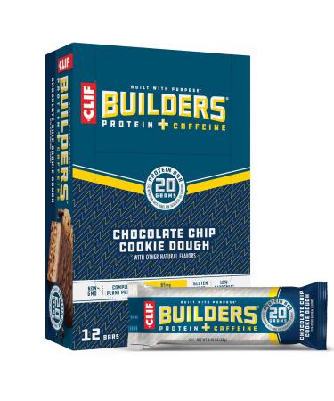 CLIF BUILDERS + Caffeine Protein Bars - Chocolate Chip Cookie Dough Flavor - 20g Plant Based Protein - Gluten Free - Non-GMO - Low Glycemic - No Artificial Sweeteners - 2.4 oz. (12 Pack) Chocolate Chip Cookie Dough 1 Count