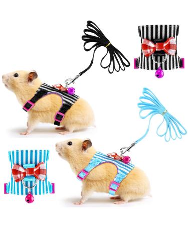 2 Pieces Hamster Harness and Leash Set for Walking, Small Guinea Pig Clothes with Bowknot Bell, No Pulling Comfort Padded Vest Striped for Guinea Pig Hamster Ferret, Small Animals S (Neck: 5.5-6.2", Girth: 7-8.6") Blue, Black